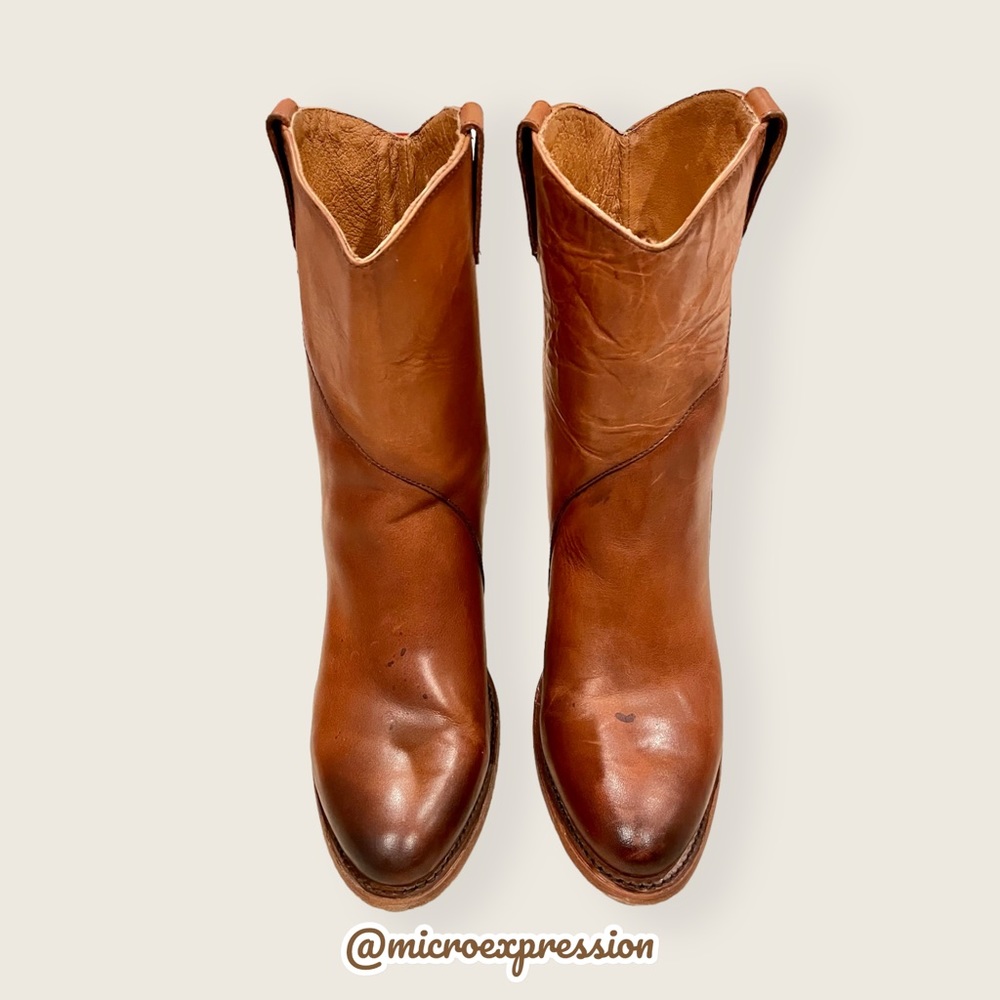 Frye Mustang Seam Short Cognac Brown Leather Cowboy Pull-on Heeled Ankle Bootie - Picture 7 of 15